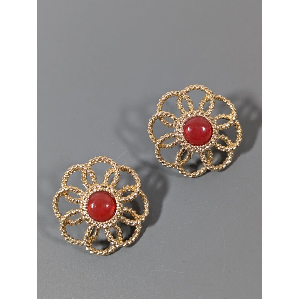 Dana Buchman Retro Flower Earrings Gold Tone Textured Brown Cabochon Pierced‎